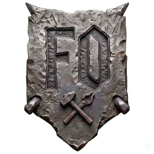Emblema de Forja Oscura con iniciales F O martillo y pinzas para forjar debajo de las iniciales